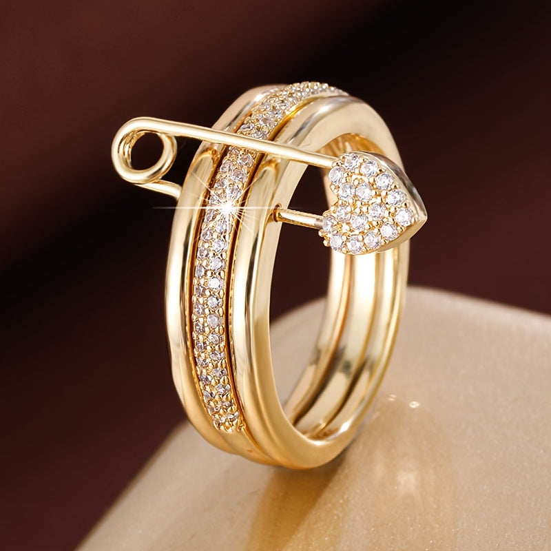 A Women'S Ring Designed with a Detachable Three-Ring Structure, Featuring Heart-Shaped Pins And Set with Zirconia Stones