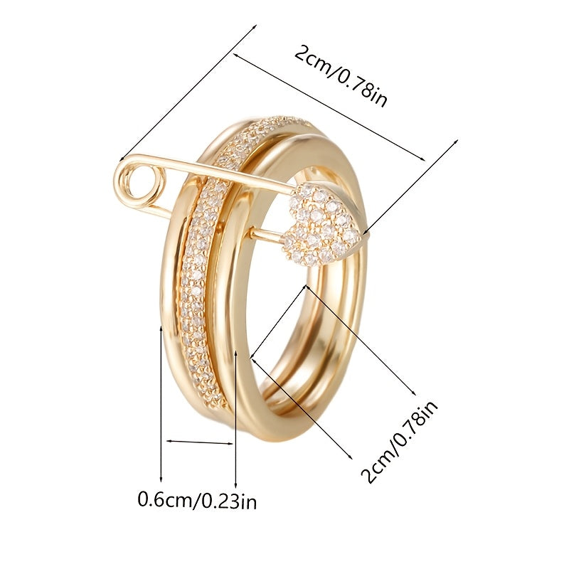 A Women'S Ring Designed with a Detachable Three-Ring Structure, Featuring Heart-Shaped Pins And Set with Zirconia Stones