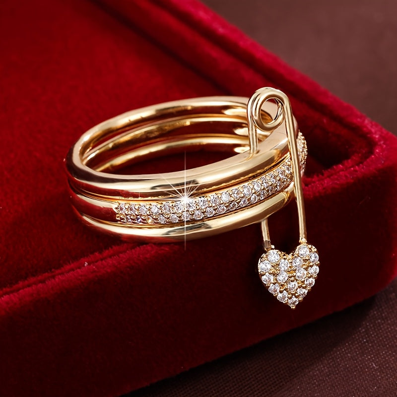 A Women'S Ring Designed with a Detachable Three-Ring Structure, Featuring Heart-Shaped Pins And Set with Zirconia Stones