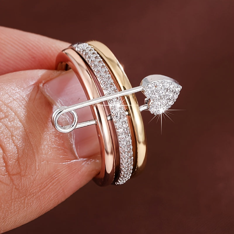 A Women'S Ring Designed with a Detachable Three-Ring Structure, Featuring Heart-Shaped Pins And Set with Zirconia Stones
