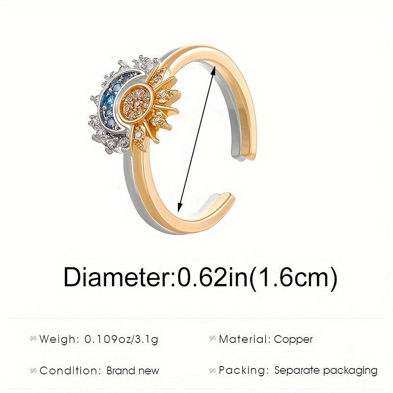 2pcs Fashionable Vintage Design Couple's Set Cubic Synthetic Zirconia Sun and Moon Open Ring for Men and Women, Suitable for Daily Wear and Valentine's Day Gift, Gift for Eld, Gift for Ramadan