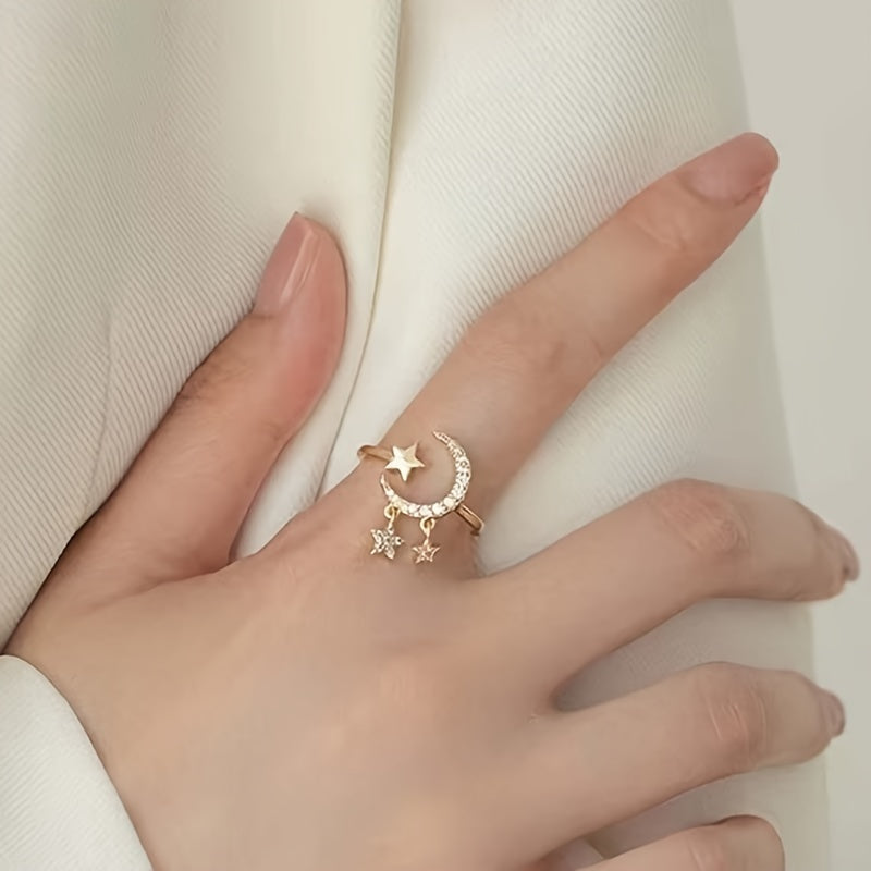Zirconia Open Crescent Moon Ring, Adjustable Artificial Pearl Ring, Zirconia Open Ring, Trendy Party Jewelry