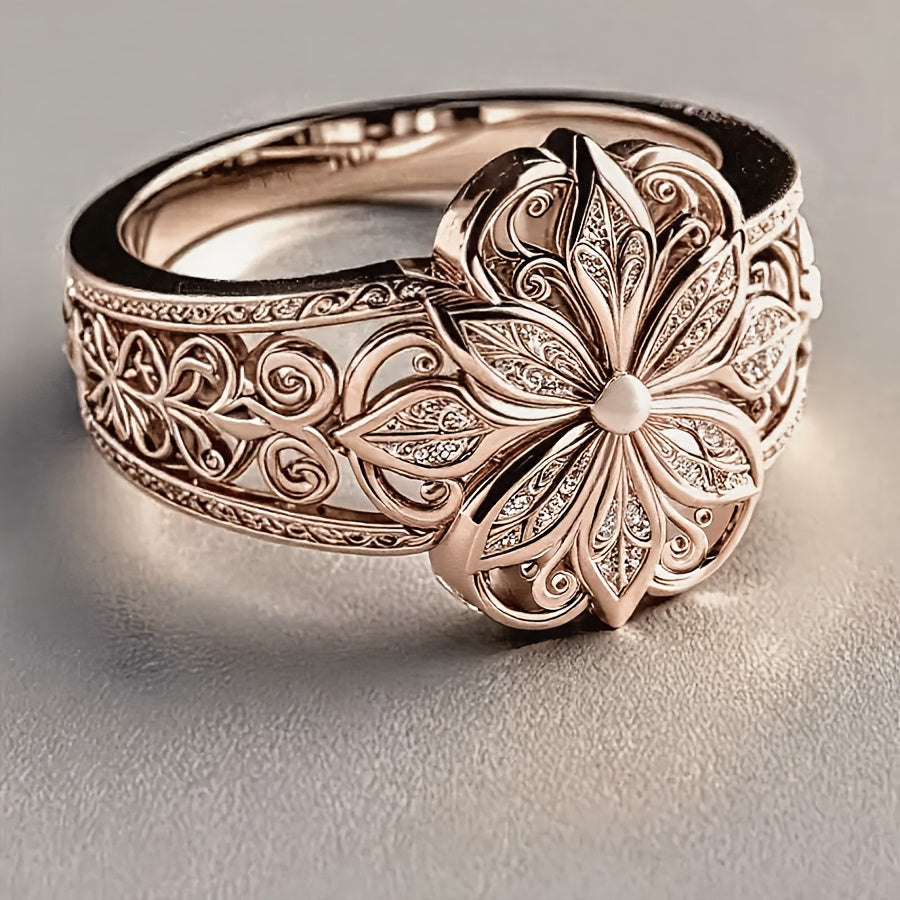 An Elegant KC Gold-Plated Copper Ring with a Delicate Floral Design - Vintage Bohemian Style, Featuring Synthetic Gemstones, Suitable for Everyday Wear And Parties, Luxurious Jewelry for Women