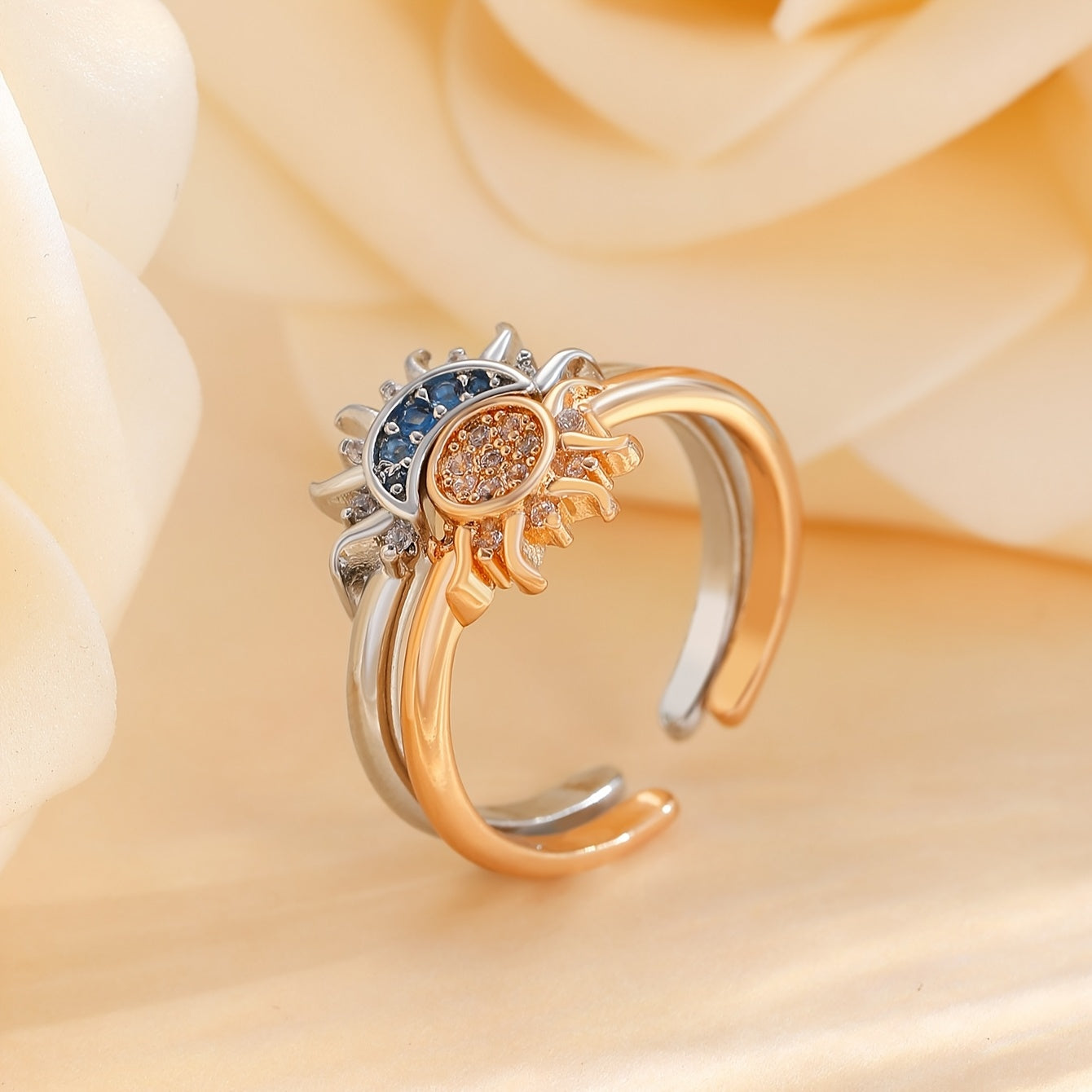 2pcs Fashionable Vintage Design Couple's Set Cubic Synthetic Zirconia Sun and Moon Open Ring for Men and Women, Suitable for Daily Wear and Valentine's Day Gift, Gift for Eld, Gift for Ramadan