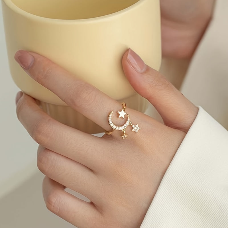 Zirconia Open Crescent Moon Ring, Adjustable Artificial Pearl Ring, Zirconia Open Ring, Trendy Party Jewelry