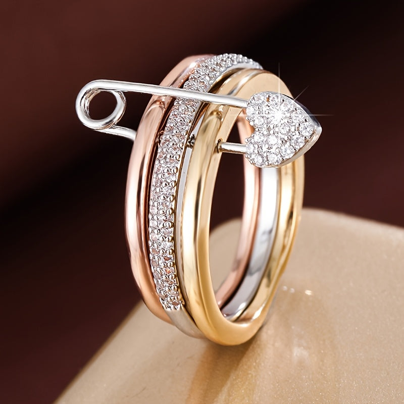 A Women'S Ring Designed with a Detachable Three-Ring Structure, Featuring Heart-Shaped Pins And Set with Zirconia Stones