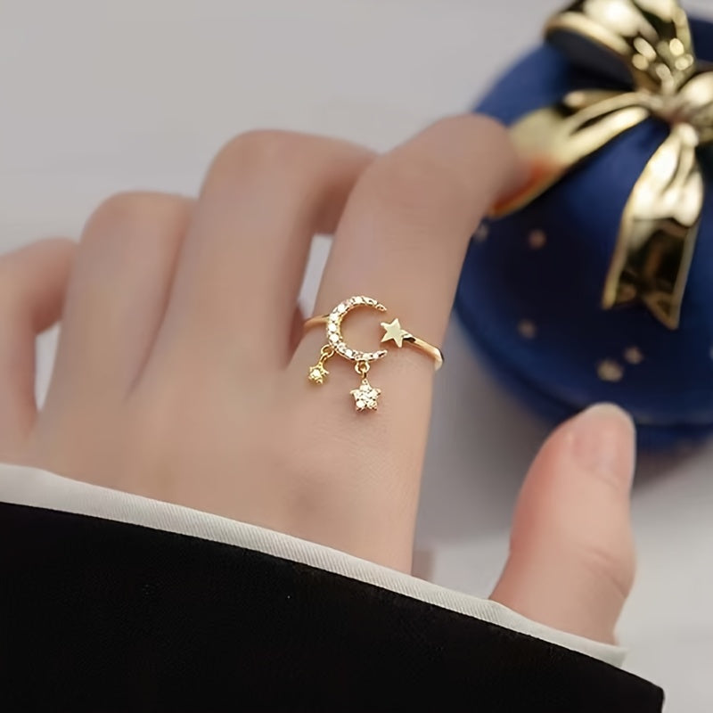 Zirconia Open Crescent Moon Ring, Adjustable Artificial Pearl Ring, Zirconia Open Ring, Trendy Party Jewelry