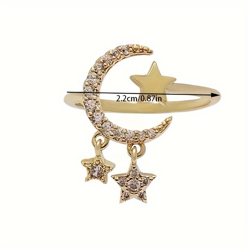 Zirconia Open Crescent Moon Ring, Adjustable Artificial Pearl Ring, Zirconia Open Ring, Trendy Party Jewelry