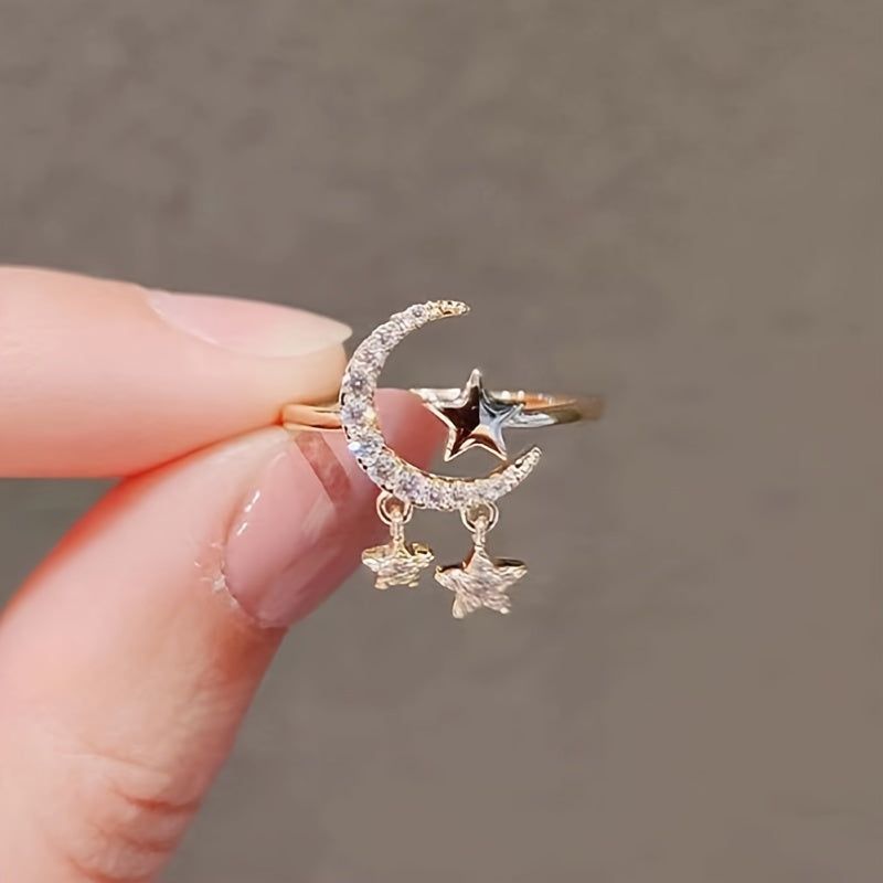 Zirconia Open Crescent Moon Ring, Adjustable Artificial Pearl Ring, Zirconia Open Ring, Trendy Party Jewelry