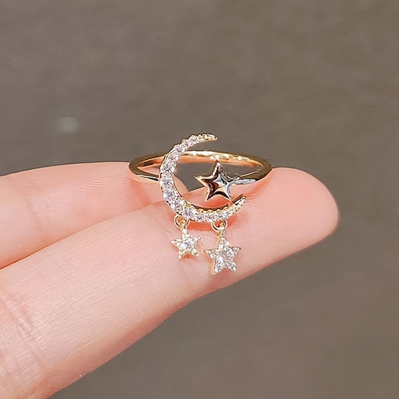 Zirconia Open Crescent Moon Ring, Adjustable Artificial Pearl Ring, Zirconia Open Ring, Trendy Party Jewelry