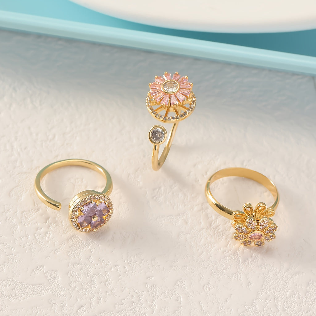 3pcs Set of Rotating Ring Copper Micro-Set Zirconium Ring with Open Color Preservation Design Hand Ornament
