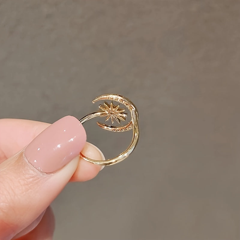 Chic Cuff Ring Trendy Moon & Sun Design Paved Shining Rhinestone Match Daily Outfits Party Accessory Gift For Female Symbol Of Hope And Future