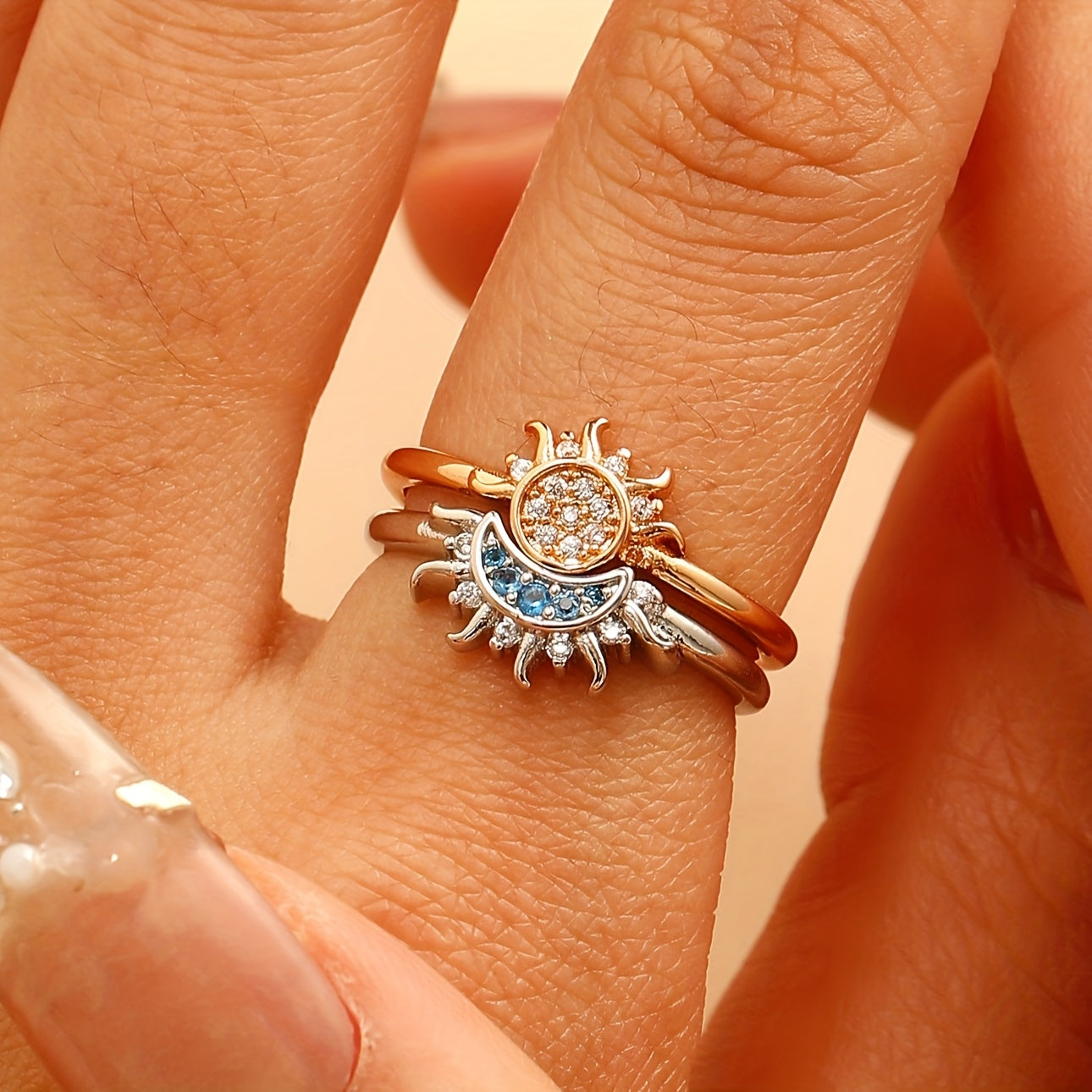 2pcs Fashionable Vintage Design Couple's Set Cubic Synthetic Zirconia Sun and Moon Open Ring for Men and Women, Suitable for Daily Wear and Valentine's Day Gift, Gift for Eld, Gift for Ramadan