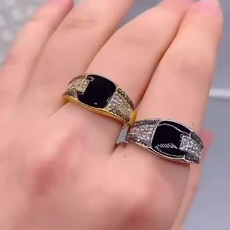 New Fashion Teenager'S Ring Featuring a Wide Golden Hip Hop Design with Black Synthetic Synthetic Zircon, Perfect As a Birthday, Anniversary, Or Wedding Gift for Your Boyfriend Or for Father'S Day, Inspired by Y2K Style