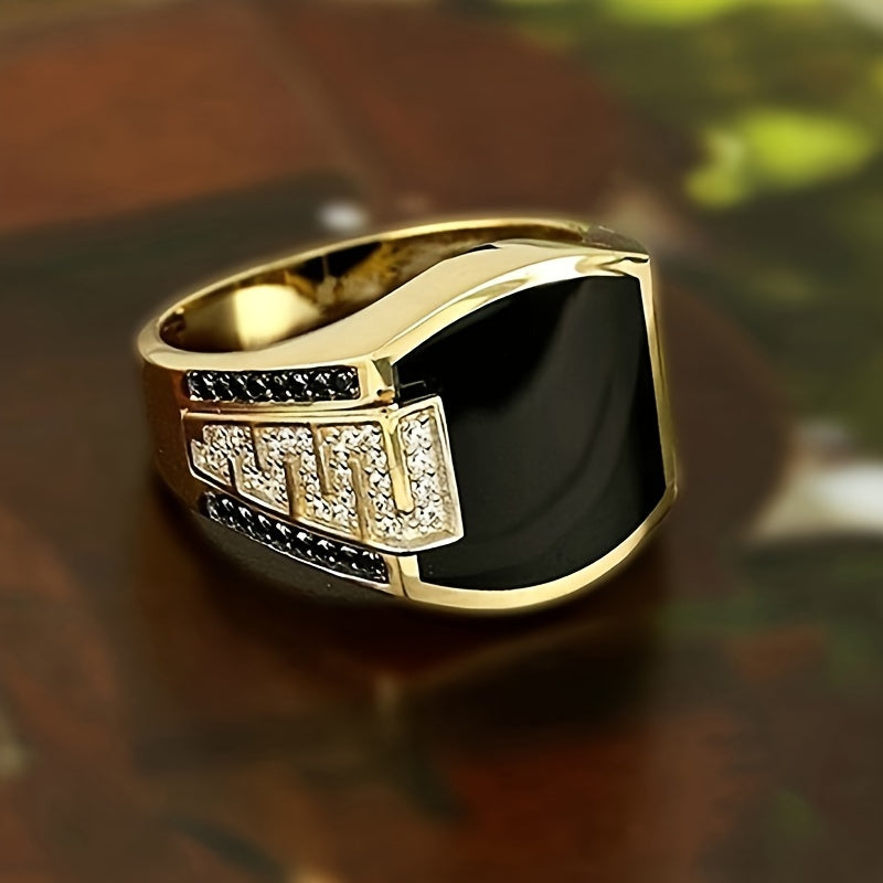 New Fashion Teenager'S Ring Featuring a Wide Golden Hip Hop Design with Black Synthetic Synthetic Zircon, Perfect As a Birthday, Anniversary, Or Wedding Gift for Your Boyfriend Or for Father'S Day, Inspired by Y2K Style