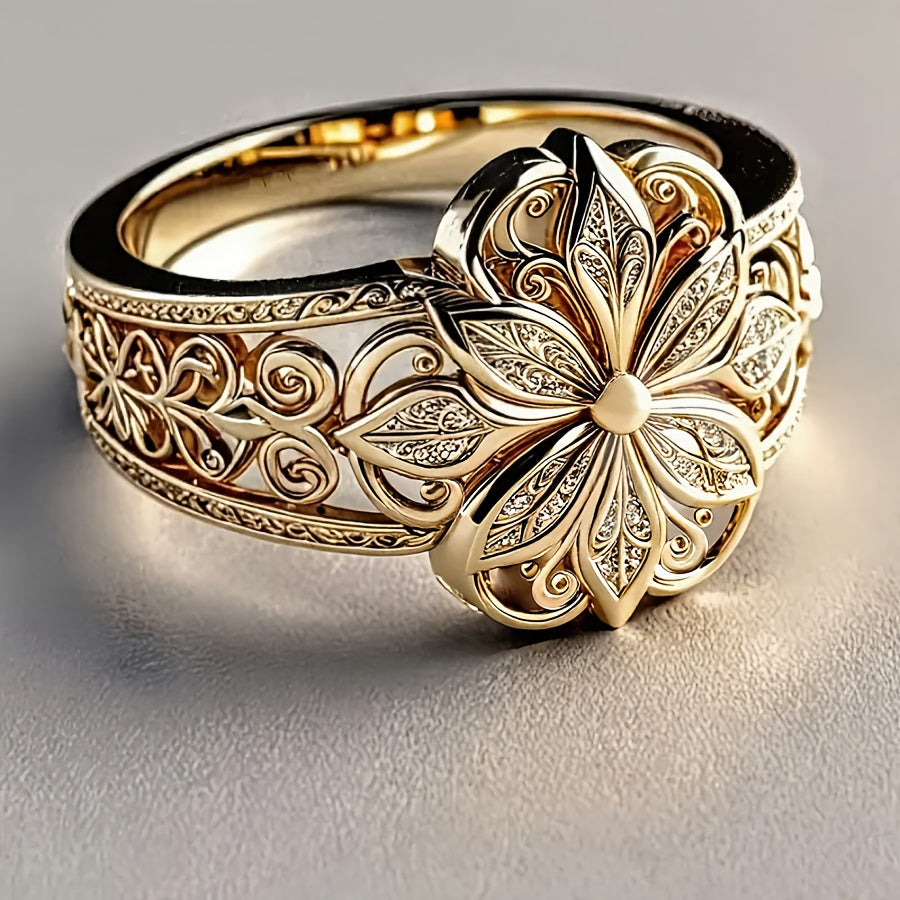 An Elegant KC Gold-Plated Copper Ring with a Delicate Floral Design - Vintage Bohemian Style, Featuring Synthetic Gemstones, Suitable for Everyday Wear And Parties, Luxurious Jewelry for Women