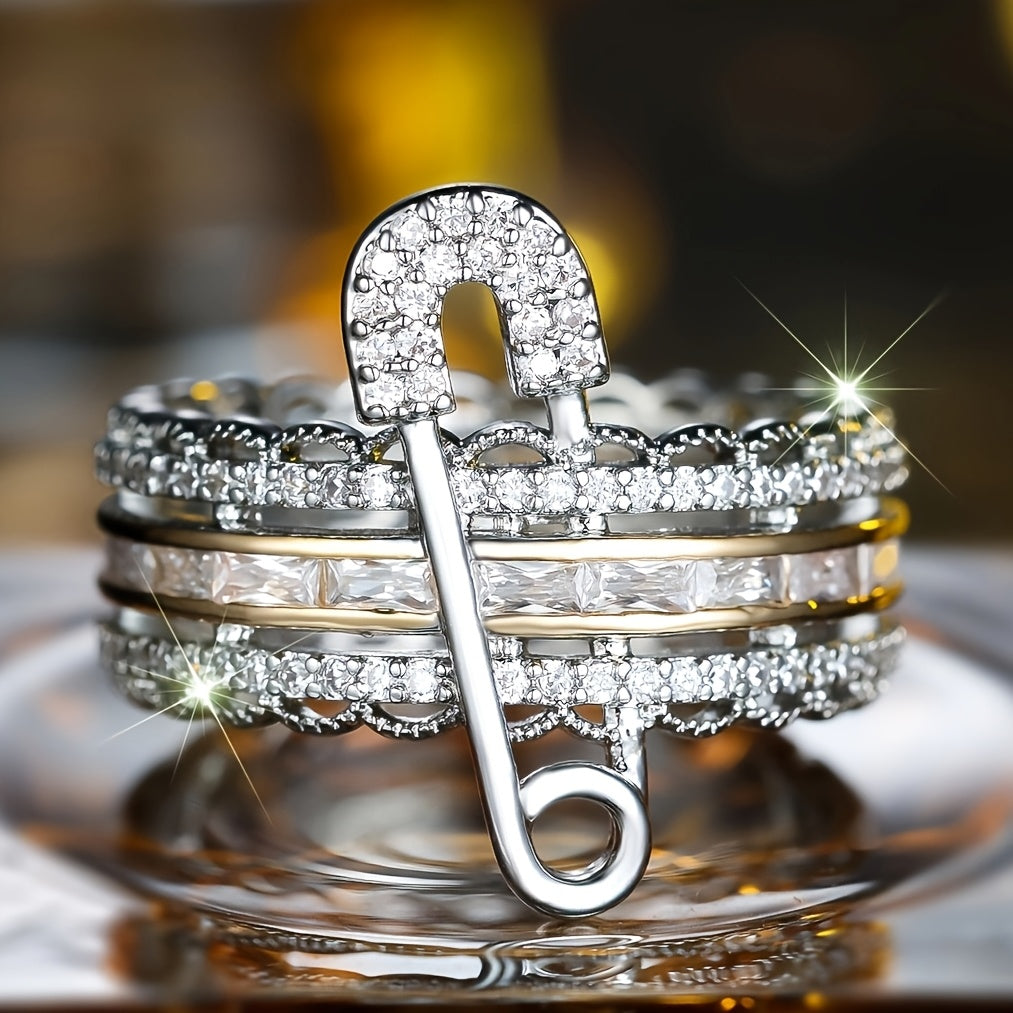 ANGOL Bohemian Style Eternal Pin Ring Set, Multi-Layer Unplated with Sparkling Cut Cubic Synthetic Zirconia on Copper Base, Perfect Gift for Casual Attire and Party Shiny Accessory