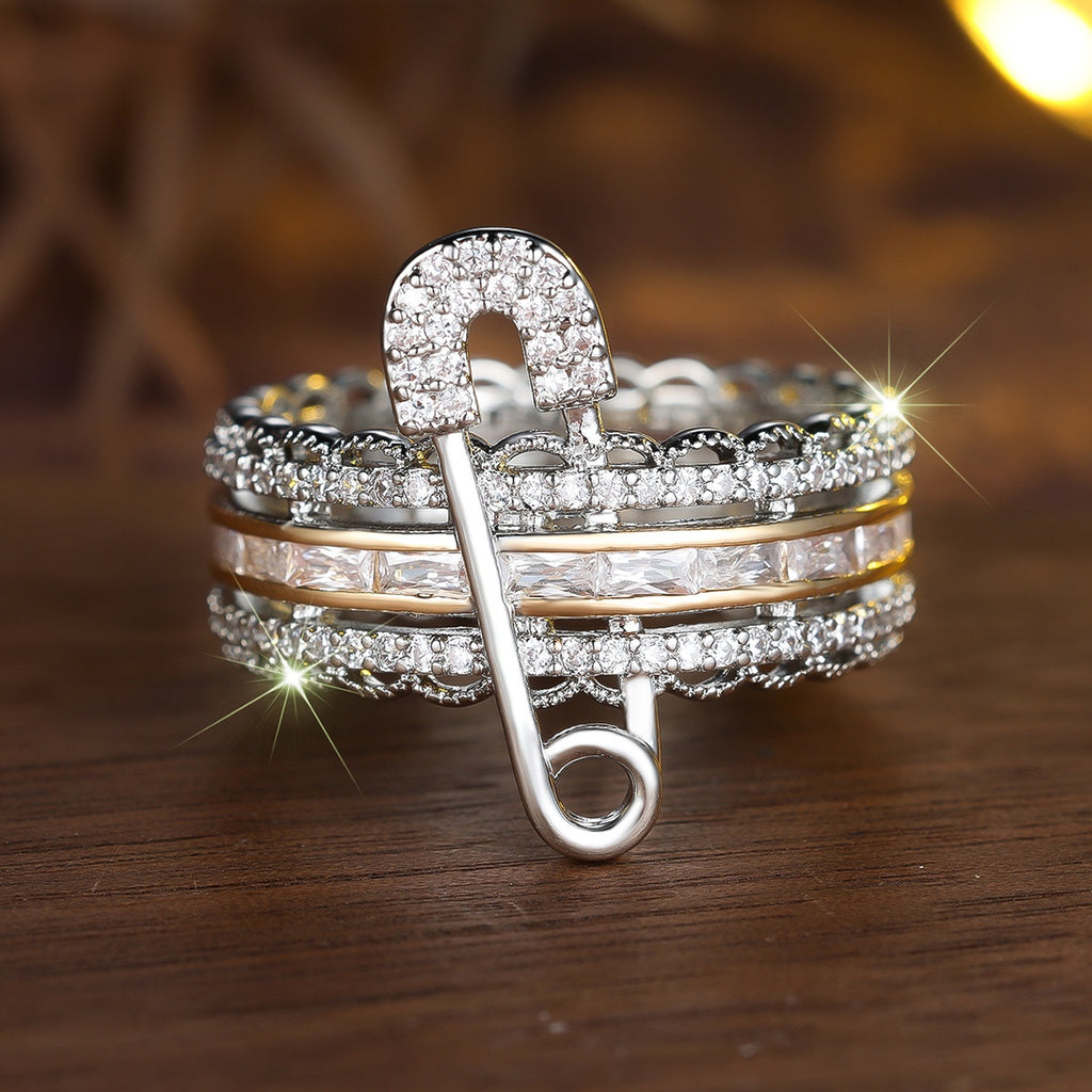 ANGOL Bohemian Style Eternal Pin Ring Set, Multi-Layer Unplated with Sparkling Cut Cubic Synthetic Zirconia on Copper Base, Perfect Gift for Casual Attire and Party Shiny Accessory