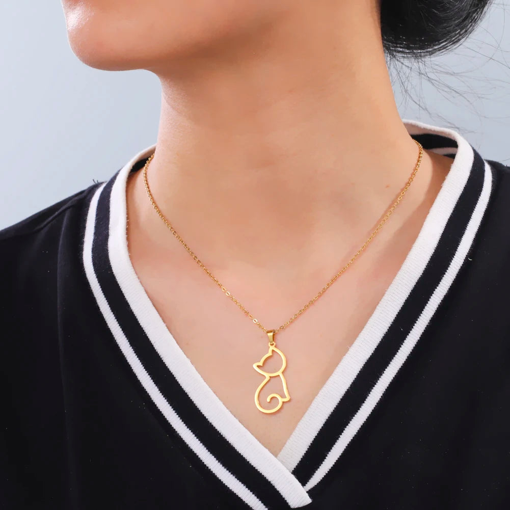 Skyrim Cute Kitten Cat Pendant Necklace Stainless Steel Cold Color Animal Neck Chain Fashion Jewelry Gift for Women Girls Friend