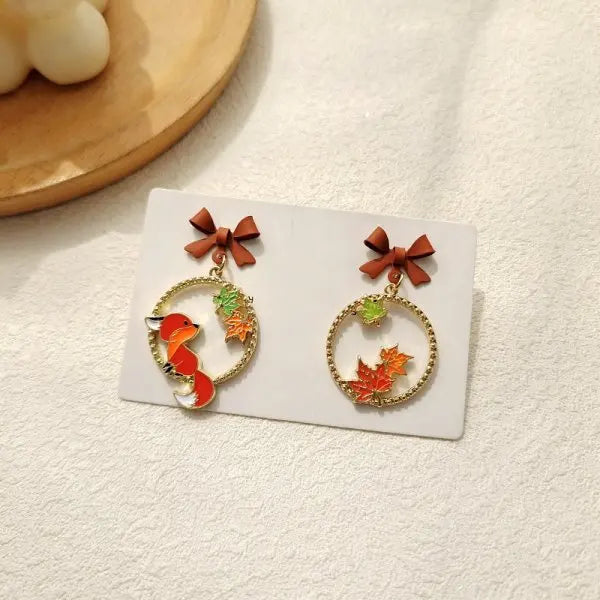 Cartoon Animal Fox Yellow Maple Leaves Earrings For Women Cute Rabbit Crane Kitten Flower Dangle Earring Christmas Party Jewelry