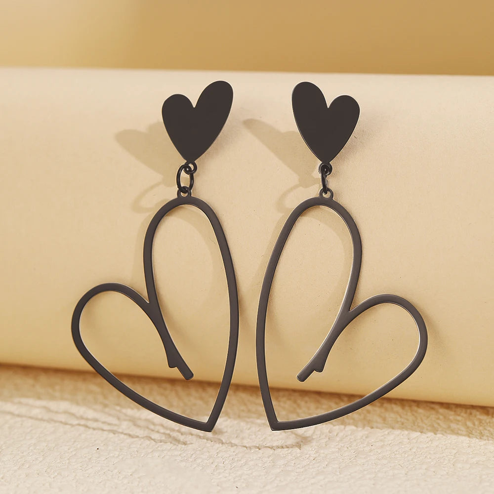 DOTIFI Stainless Steel Retro Hollow Peach Heart Pendant Earrings Female Fashion European Punk Long Earrings Party Jewelry Gifts