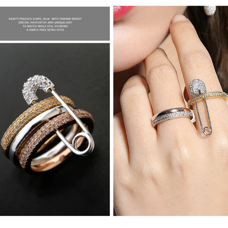 YILUOCD 3pcs Stackable Pin Ring Three Layer Zircon Stainless Steel Rings for Women Hip Hop Style Jewelry Valentines Day Gift