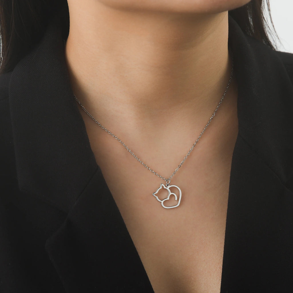 Skyrim Cute Kitten Cat Pendant Necklace Stainless Steel Cold Color Animal Neck Chain Fashion Jewelry Gift for Women Girls Friend