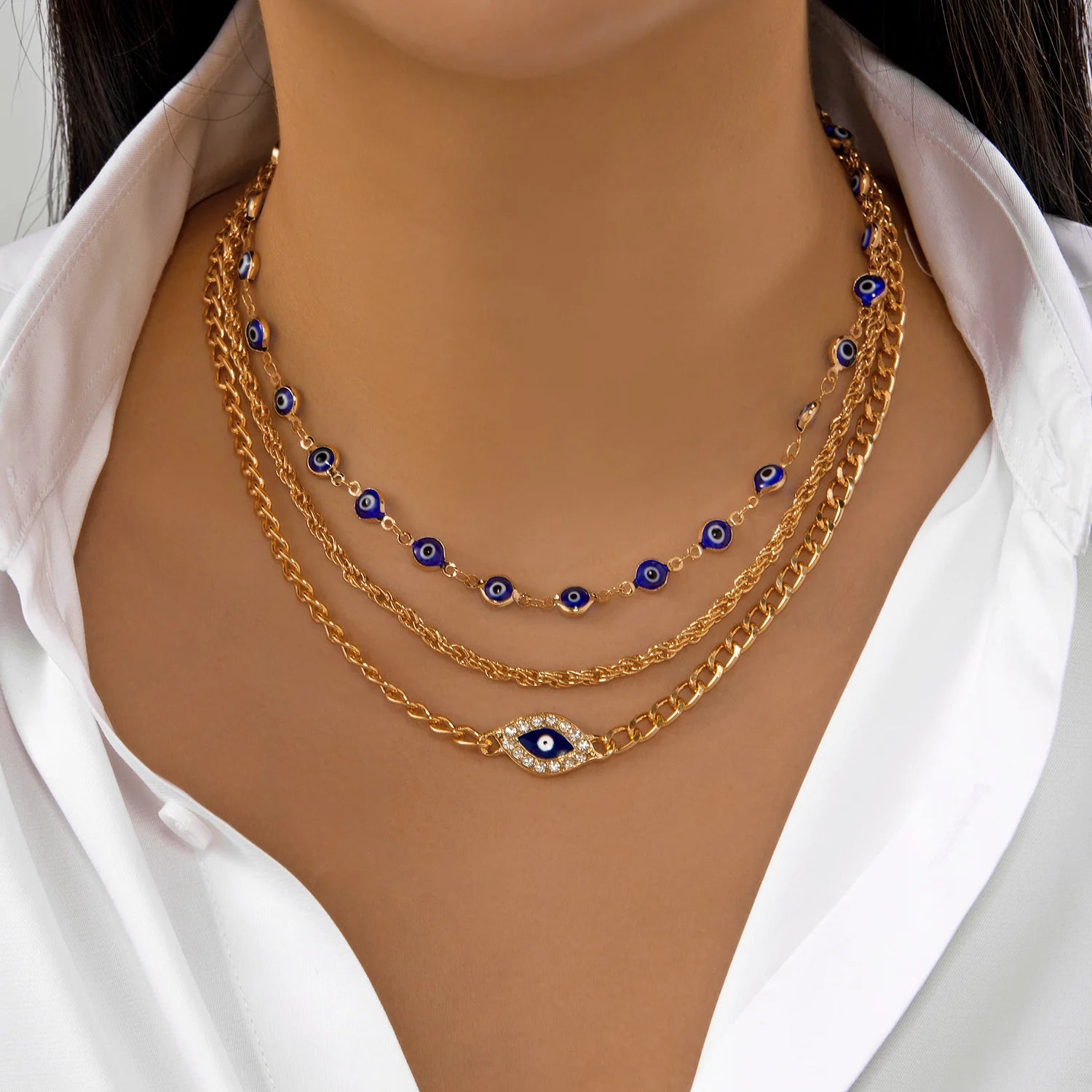 Classic Pendant Necklace for Women Micro Zircon Turkish Lucky Evil Eyes Palm Cross Pearl Multilayer Metal Chain Choker Jewelry