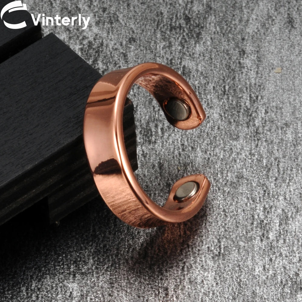 Vinterly Pure Copper Magnetic Rings 6mm Shiny Health Energy Copper Cuff Finger Adjustable Jewelry High Magnet Resizable Metal