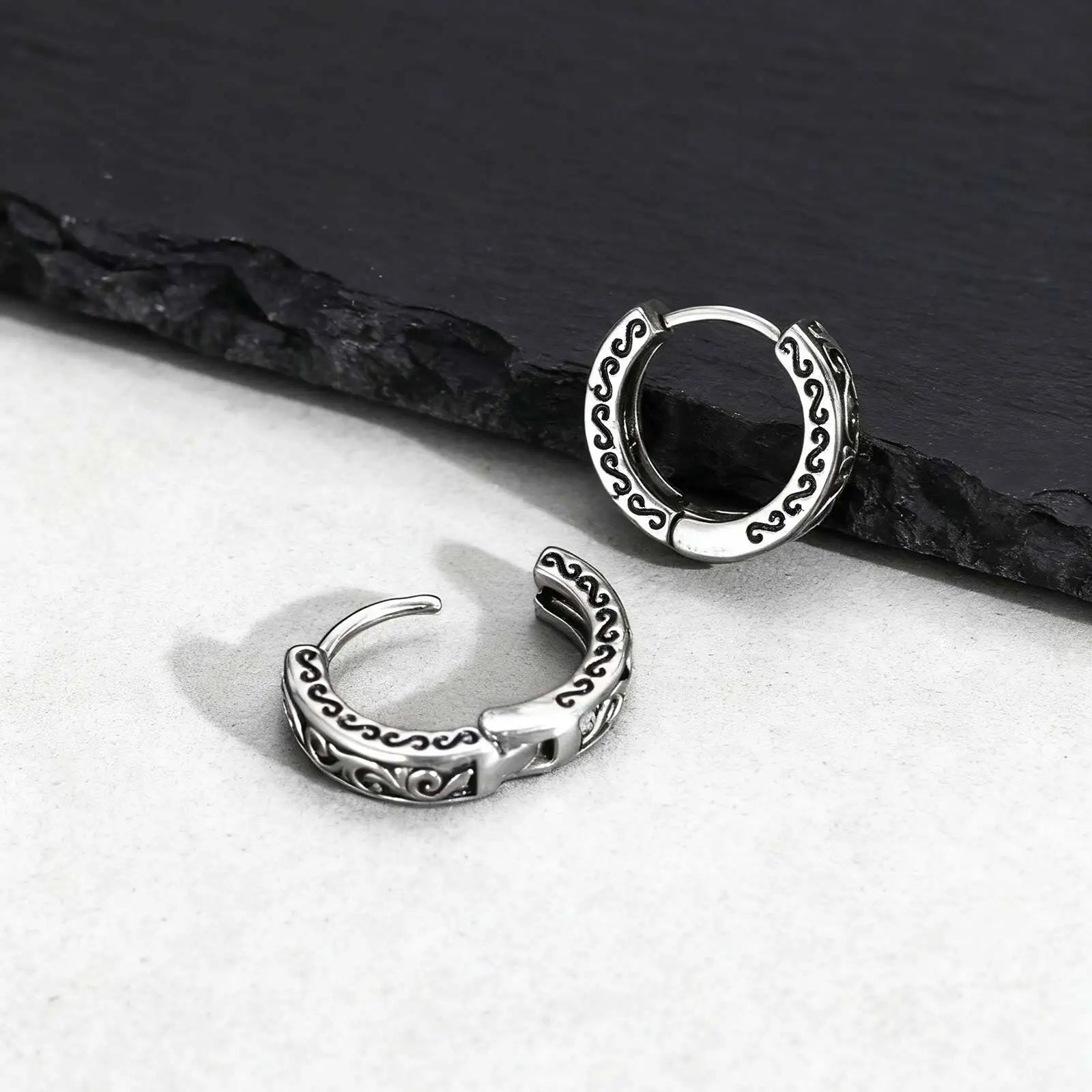 Vintage Totem Hoop Earrings for Men Boys,Vine Grass Pattern Anti Allergy Stainless Steel Huggies Earrings,Rock Punk Jewelry Gift