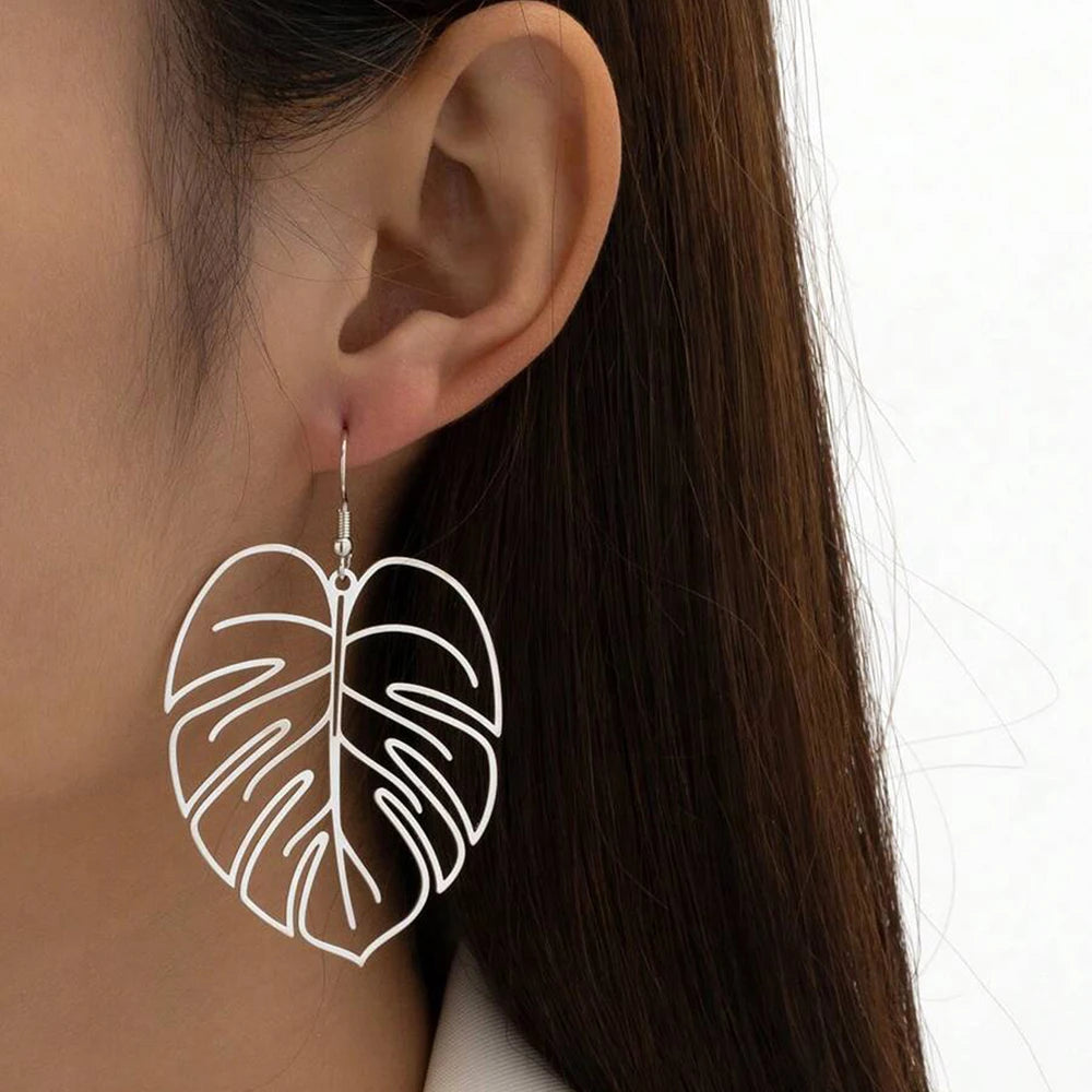 DOTIFI Stainless Steel Bohemian Hollow Exaggerated Leaf Dangle Drop Earring For Women Lady Geometric Female Jewelry