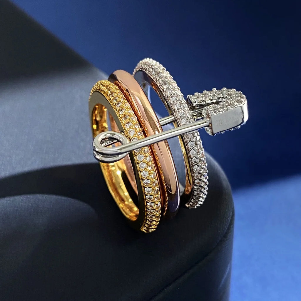 YILUOCD 3pcs Stackable Pin Ring Three Layer Zircon Stainless Steel Rings for Women Hip Hop Style Jewelry Valentines Day Gift