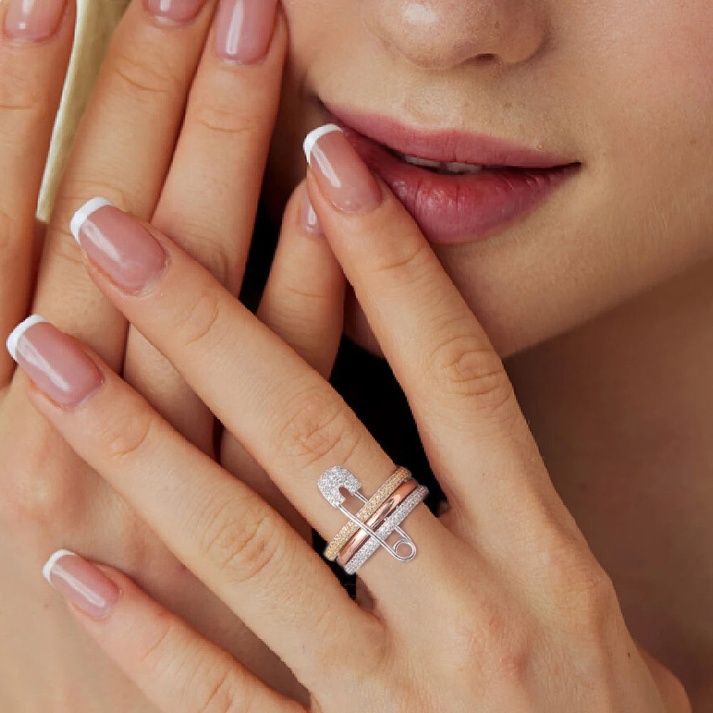 YILUOCD 3pcs Stackable Pin Ring Three Layer Zircon Stainless Steel Rings for Women Hip Hop Style Jewelry Valentines Day Gift