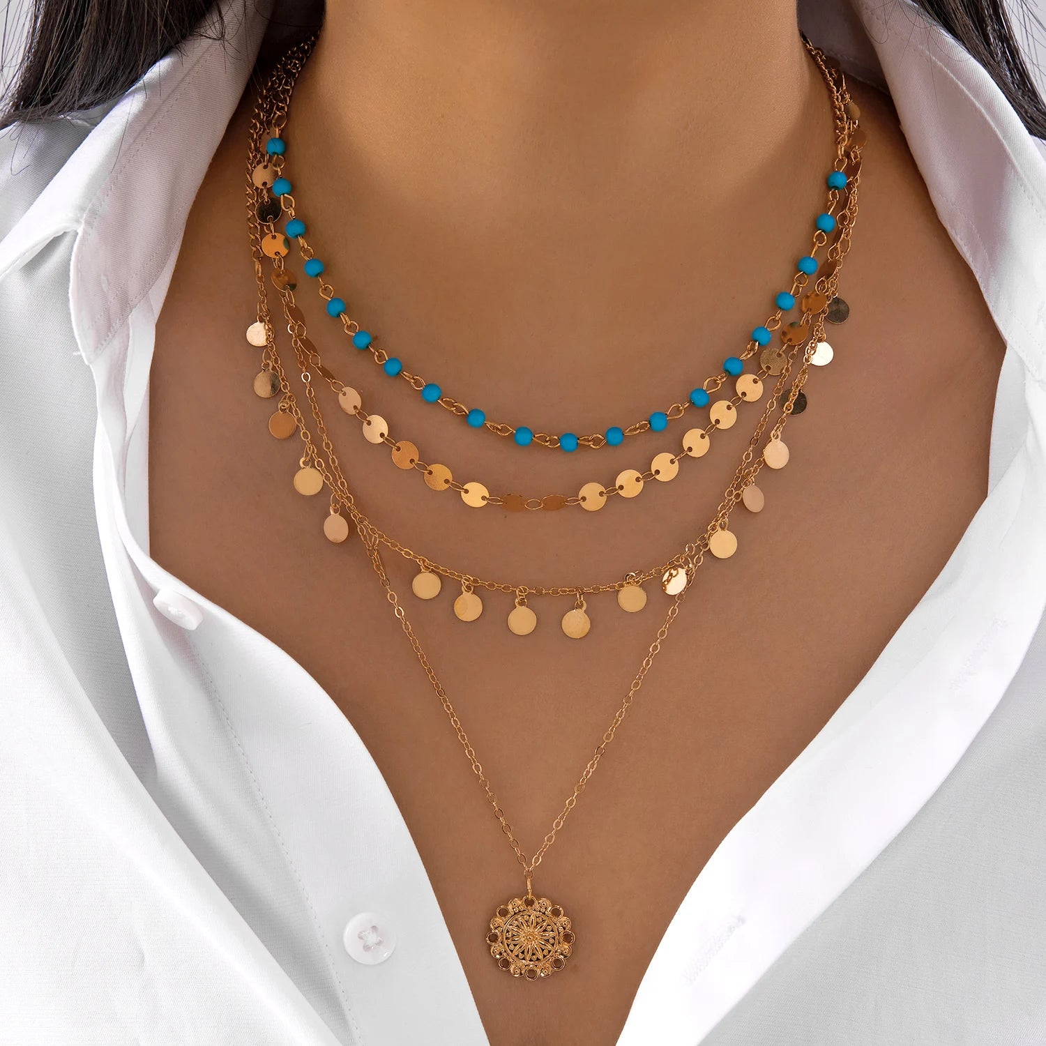 Classic Pendant Necklace for Women Micro Zircon Turkish Lucky Evil Eyes Palm Cross Pearl Multilayer Metal Chain Choker Jewelry