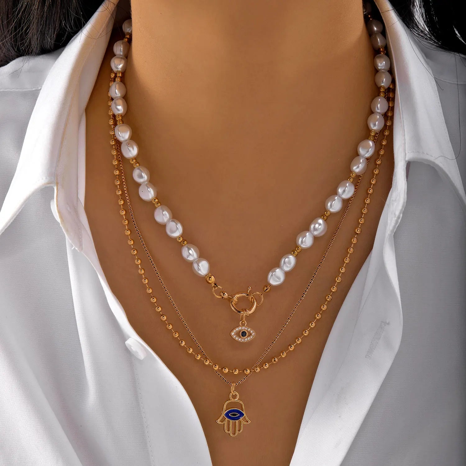 Classic Pendant Necklace for Women Micro Zircon Turkish Lucky Evil Eyes Palm Cross Pearl Multilayer Metal Chain Choker Jewelry