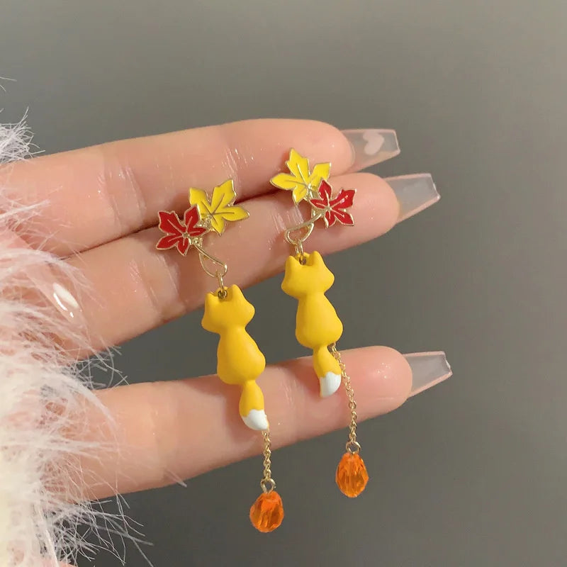 Cartoon Animal Fox Yellow Maple Leaves Earrings For Women Cute Rabbit Crane Kitten Flower Dangle Earring Christmas Party Jewelry