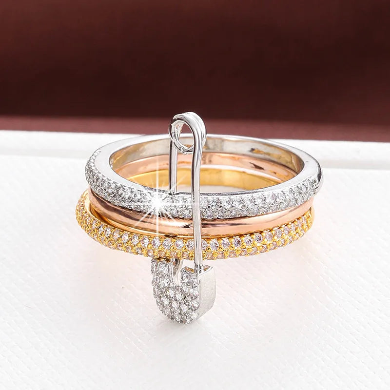 YILUOCD 3pcs Stackable Pin Ring Three Layer Zircon Stainless Steel Rings for Women Hip Hop Style Jewelry Valentines Day Gift