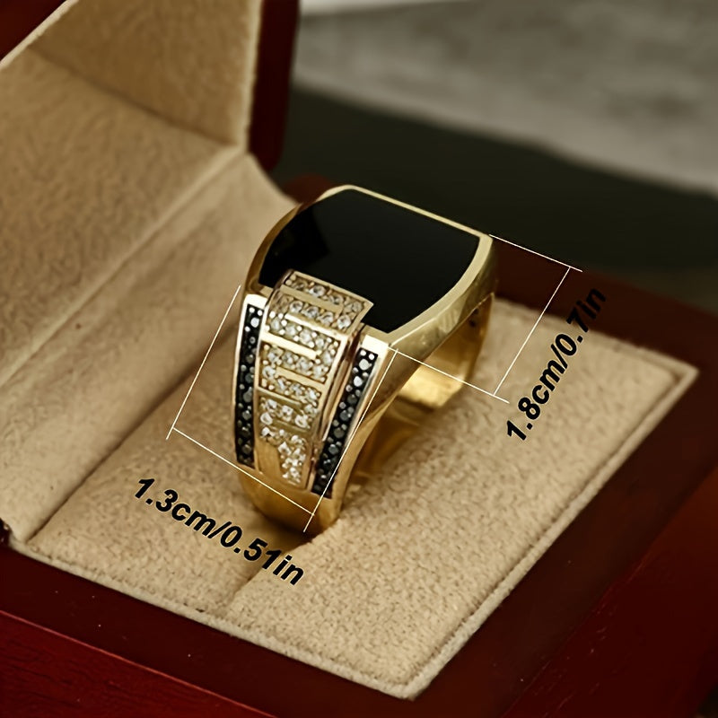 New Fashion Teenager'S Ring Featuring a Wide Golden Hip Hop Design with Black Synthetic Synthetic Zircon, Perfect As a Birthday, Anniversary, Or Wedding Gift for Your Boyfriend Or for Father'S Day, Inspired by Y2K Style