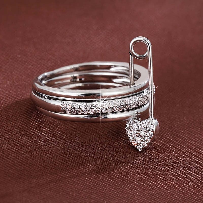 A Women'S Ring Designed with a Detachable Three-Ring Structure, Featuring Heart-Shaped Pins And Set with Zirconia Stones