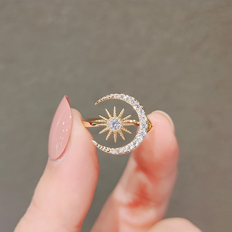 Chic Cuff Ring Trendy Moon & Sun Design Paved Shining Rhinestone Match Daily Outfits Party Accessory Gift For Female Symbol Of Hope And Future