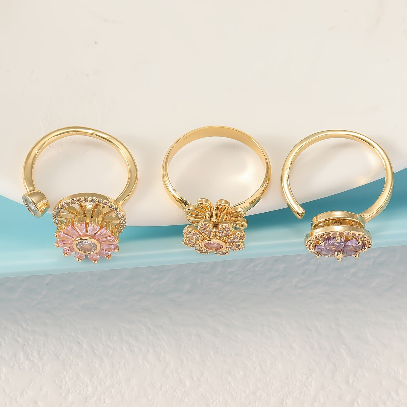 3pcs Set of Rotating Ring Copper Micro-Set Zirconium Ring with Open Color Preservation Design Hand Ornament