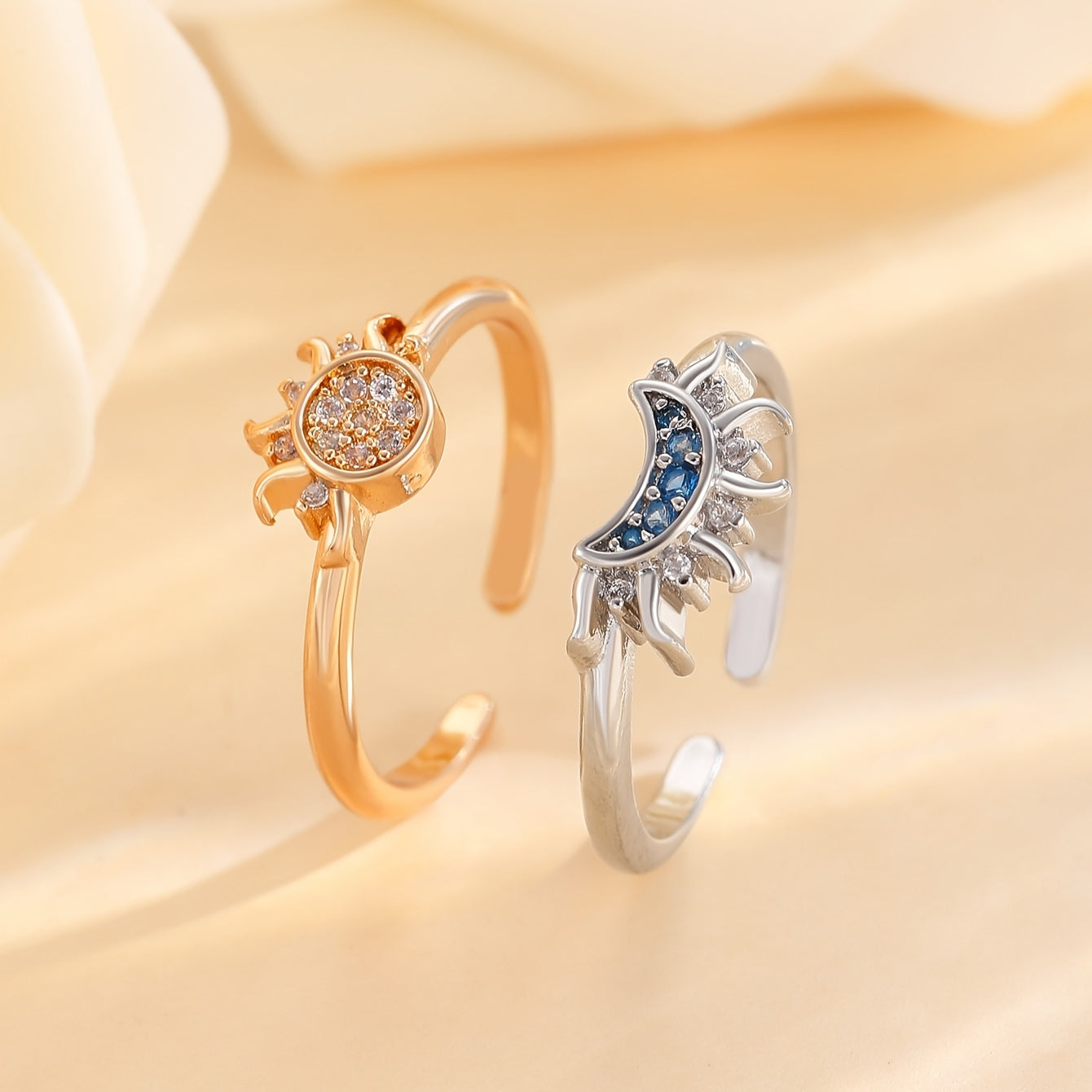 2pcs Fashionable Vintage Design Couple's Set Cubic Synthetic Zirconia Sun and Moon Open Ring for Men and Women, Suitable for Daily Wear and Valentine's Day Gift, Gift for Eld, Gift for Ramadan