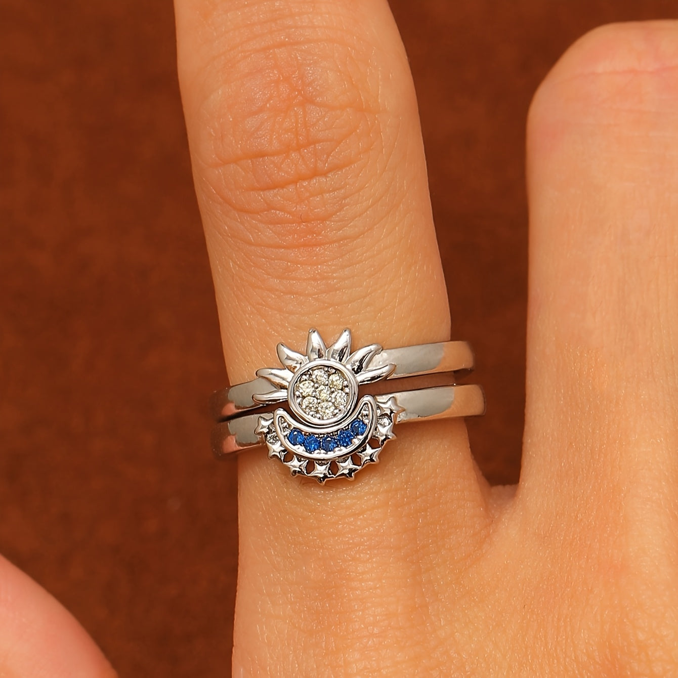 2pcs Fashionable Vintage Design Couple's Set Cubic Synthetic Zirconia Sun and Moon Open Ring for Men and Women, Suitable for Daily Wear and Valentine's Day Gift, Gift for Eld, Gift for Ramadan