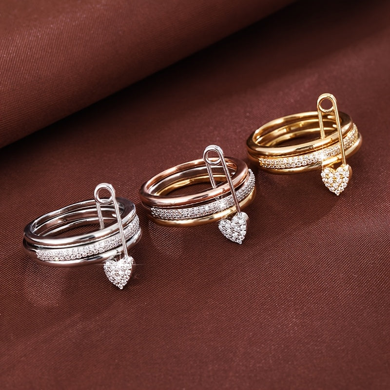 A Women'S Ring Designed with a Detachable Three-Ring Structure, Featuring Heart-Shaped Pins And Set with Zirconia Stones